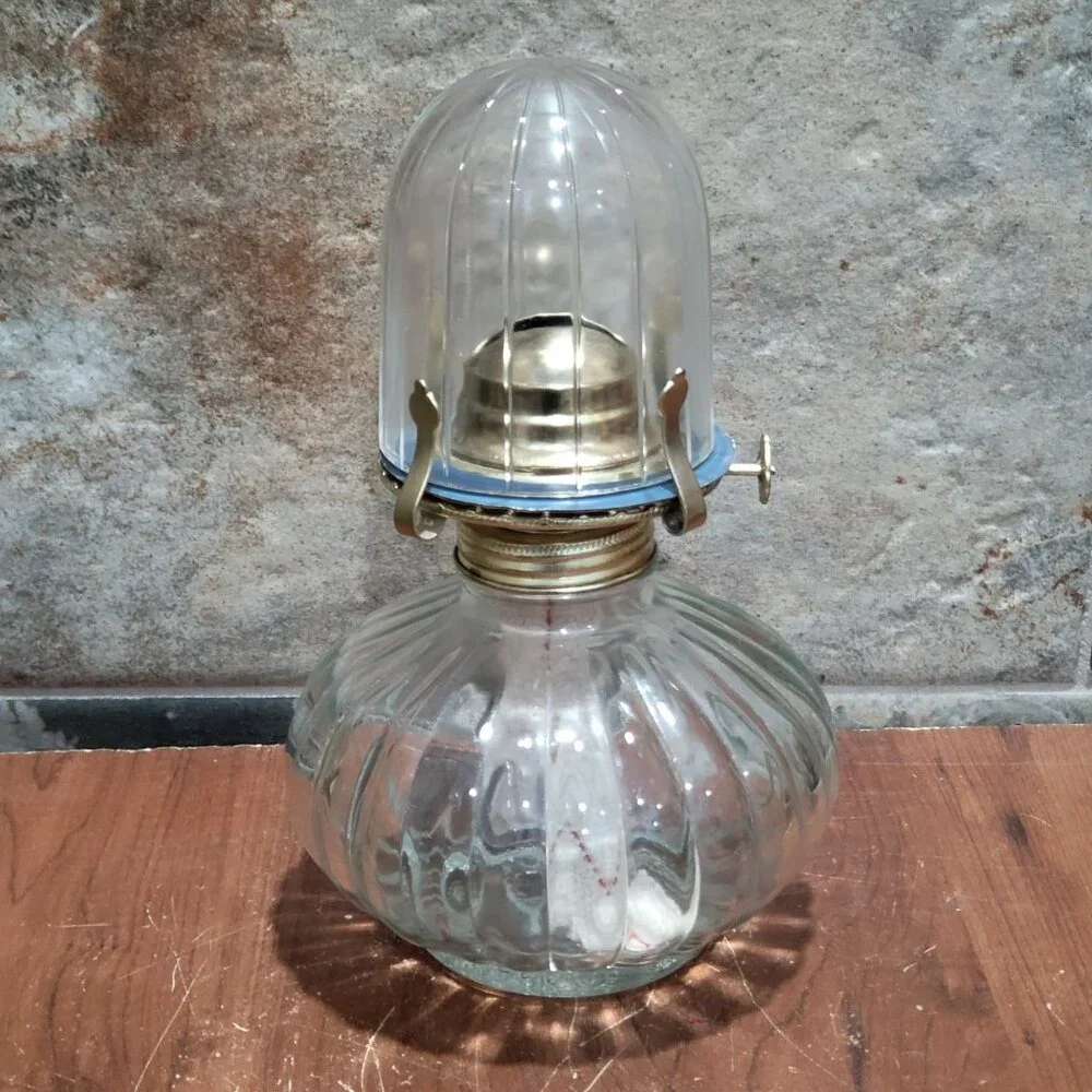 Vintage Golden Globe Clear Glass Kerosene Oil Lamp Ribbed Base